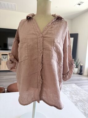 Splendid Iris Italy made button down shirt 100% linen dolman style 3/4 sleeve